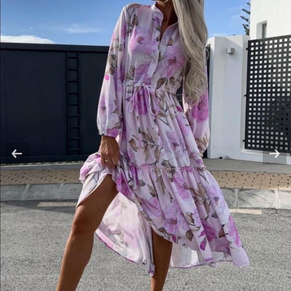 Lilac floral balloon sleeve tiered maxi dress